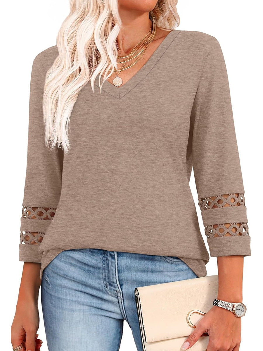 2025 New Fashion Loose Fit V-Neck Hollow Sleeve Knit Top Women’s Casual Blouse