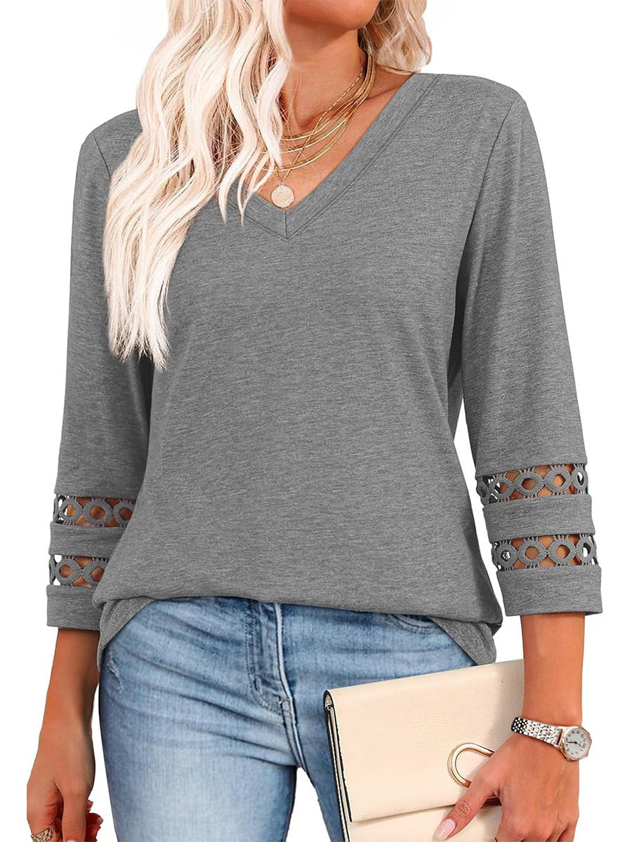 2025 New Fashion Loose Fit V-Neck Hollow Sleeve Knit Top Women’s Casual Blouse