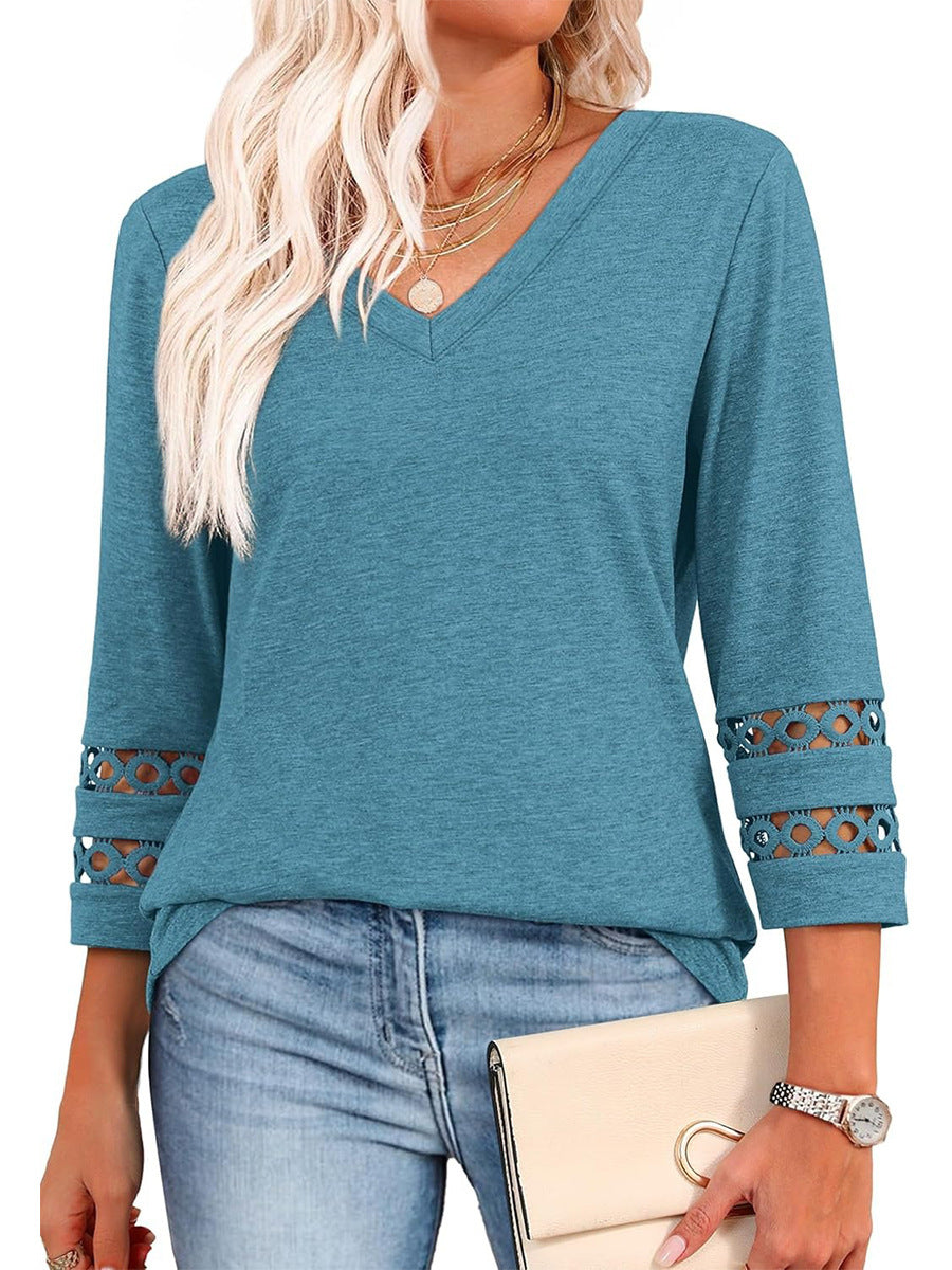 2025 New Fashion Loose Fit V-Neck Hollow Sleeve Knit Top Women’s Casual Blouse