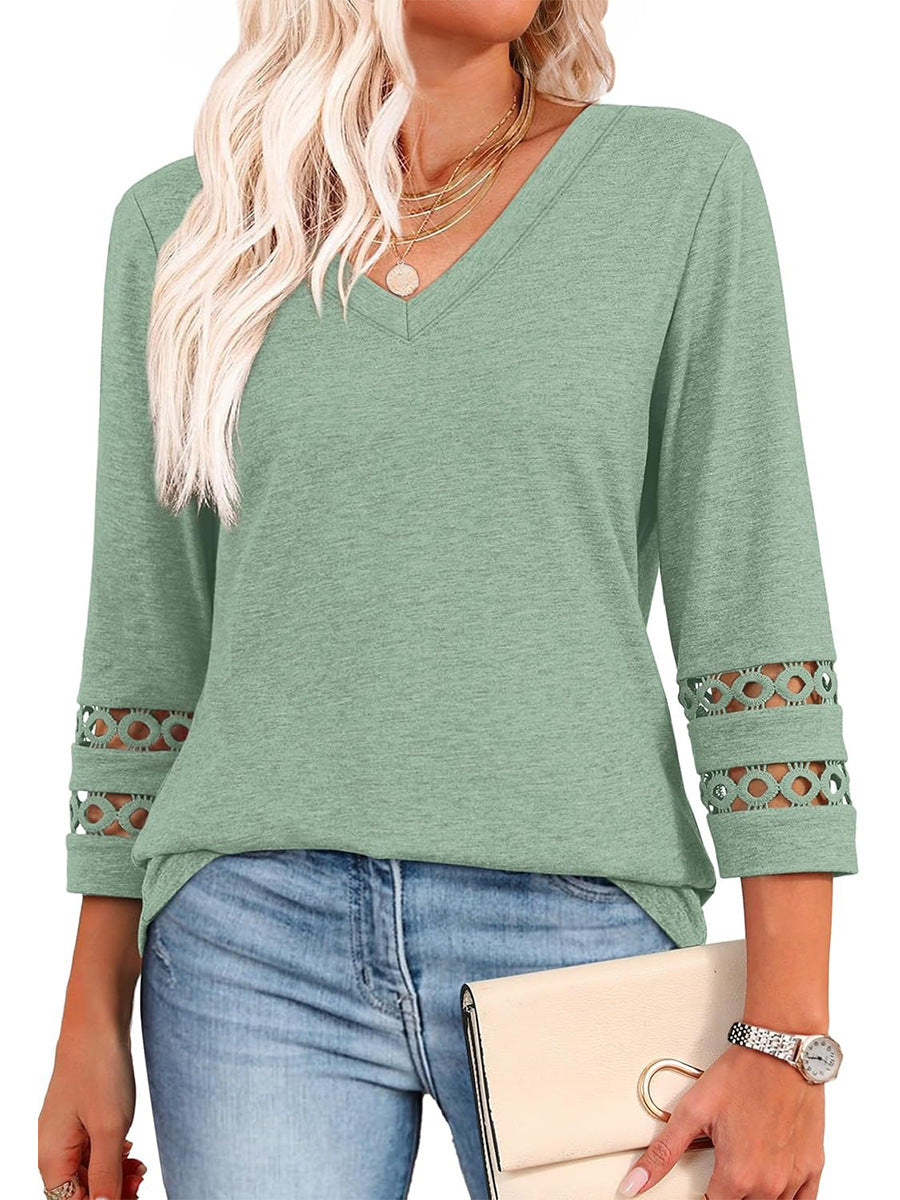 2025 New Fashion Loose Fit V-Neck Hollow Sleeve Knit Top Women’s Casual Blouse
