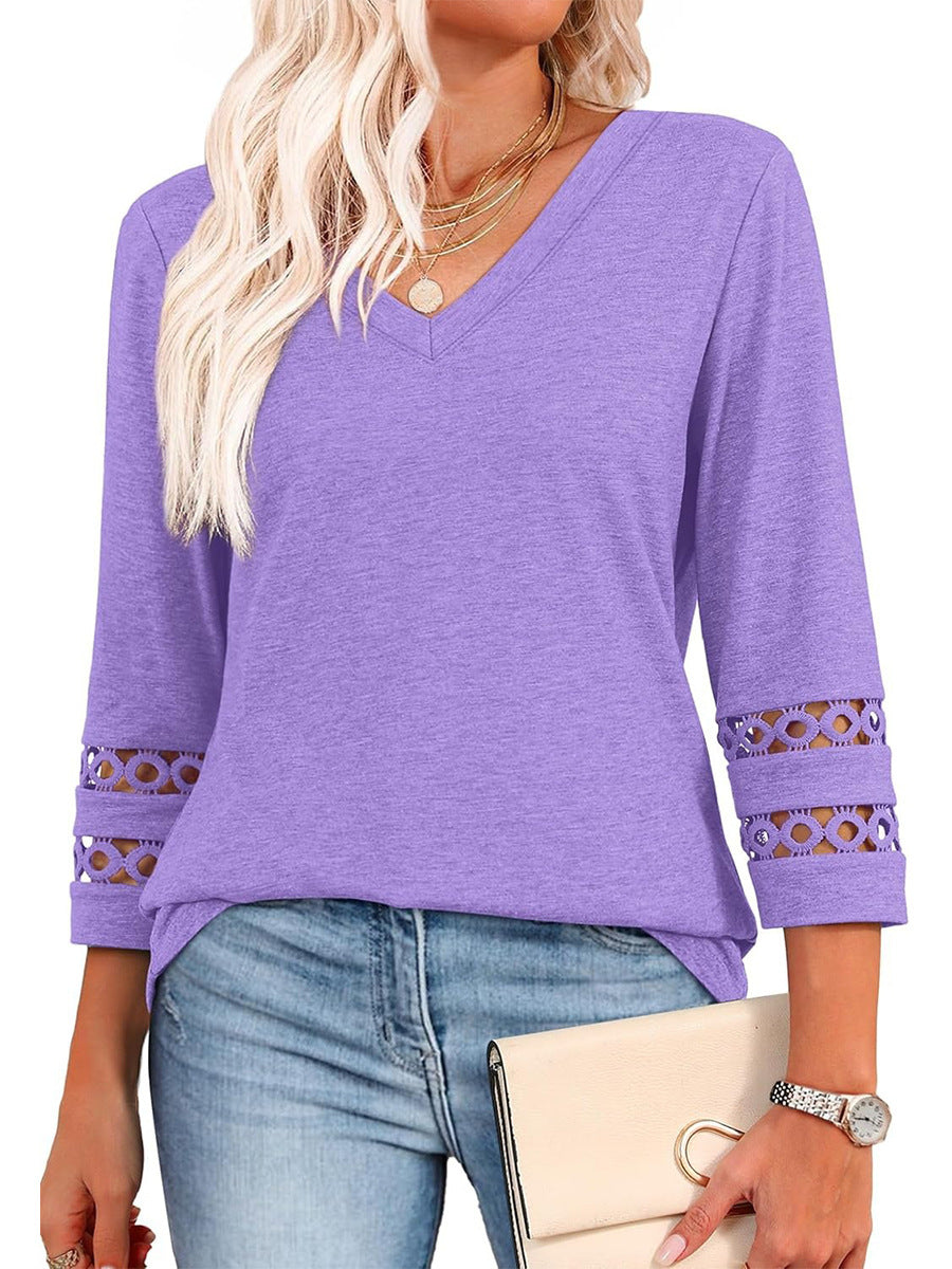 2025 New Fashion Loose Fit V-Neck Hollow Sleeve Knit Top Women’s Casual Blouse