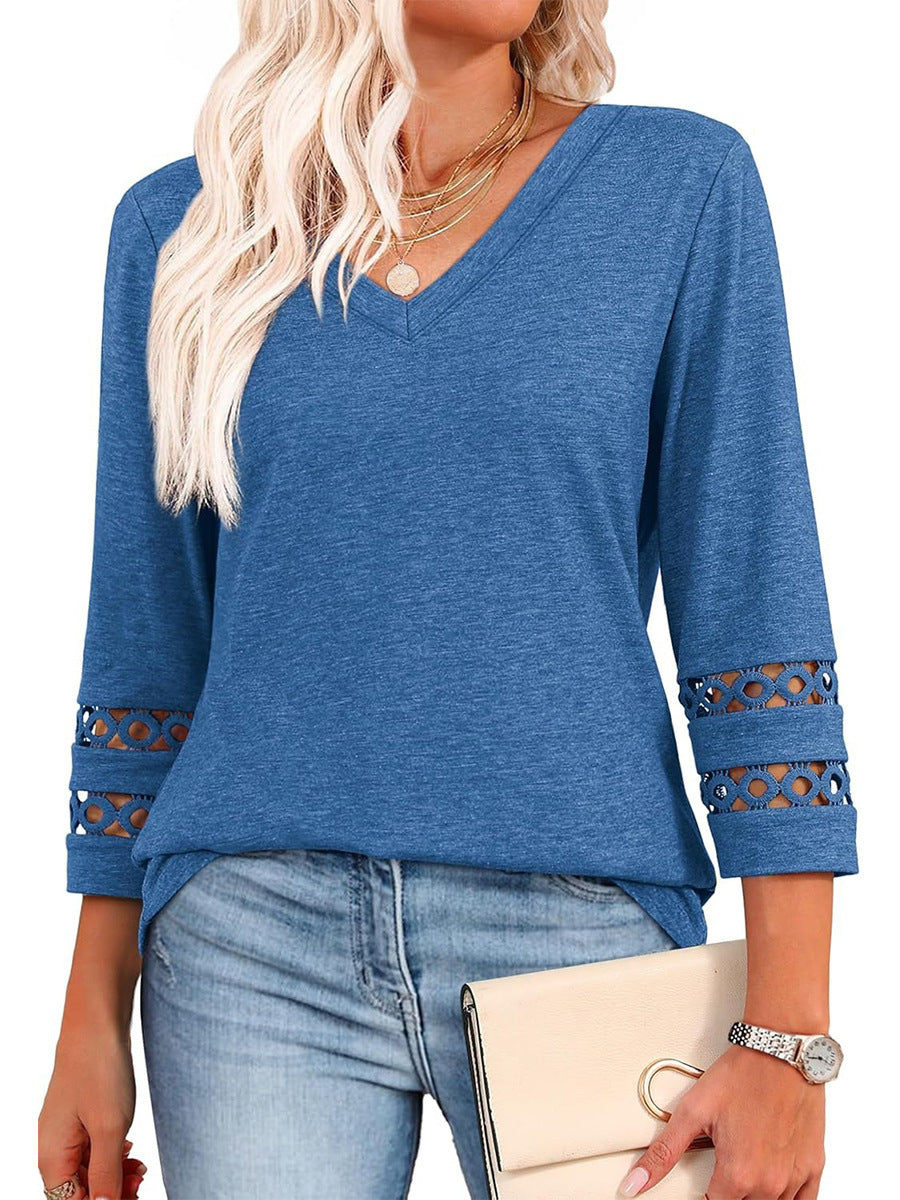 2025 New Fashion Loose Fit V-Neck Hollow Sleeve Knit Top Women’s Casual Blouse